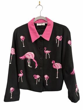Anage Flamingo Embroidery Artsy Preppy Educator Black Button-Up Jacket No Size